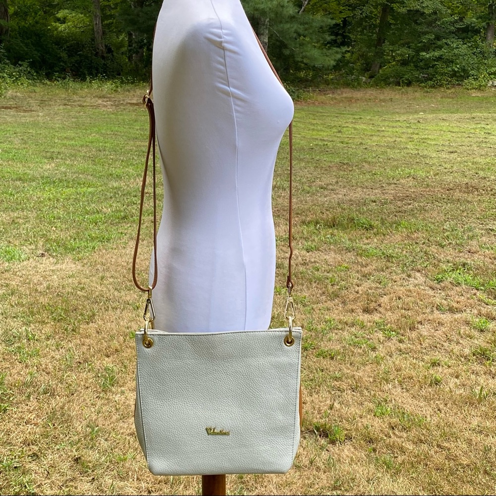 VALENTINA BAG CROSSBODY SHOULDER GRAY PEBBLED LEATHER BRITISH TAN ACORN ZIP TOP